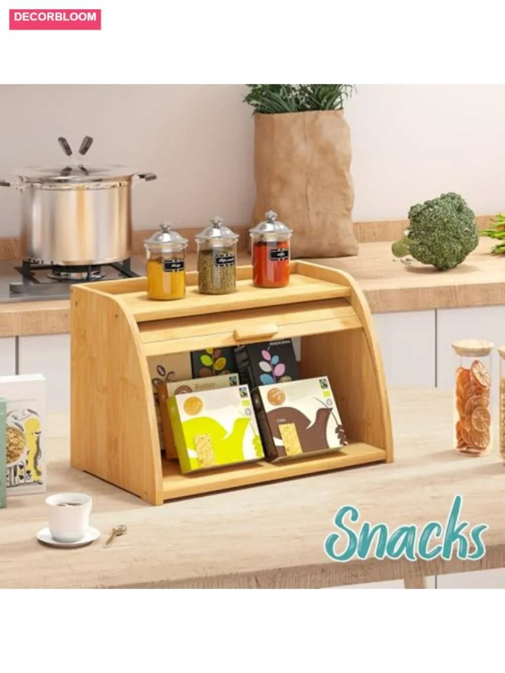 Bamboo Wood Bread Box for Kitchen Countertop, Large Storage Container
